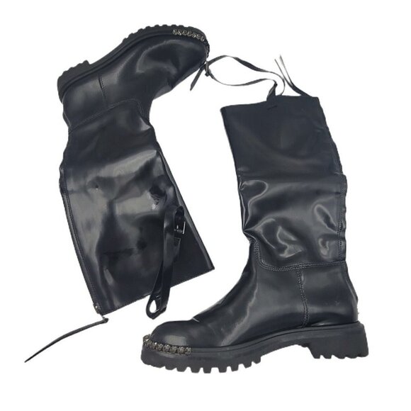 NEW Schutz Cianna Embellished Toe Black Polished Leather Riding Boots Size 6.5B - Picture 5 of 11